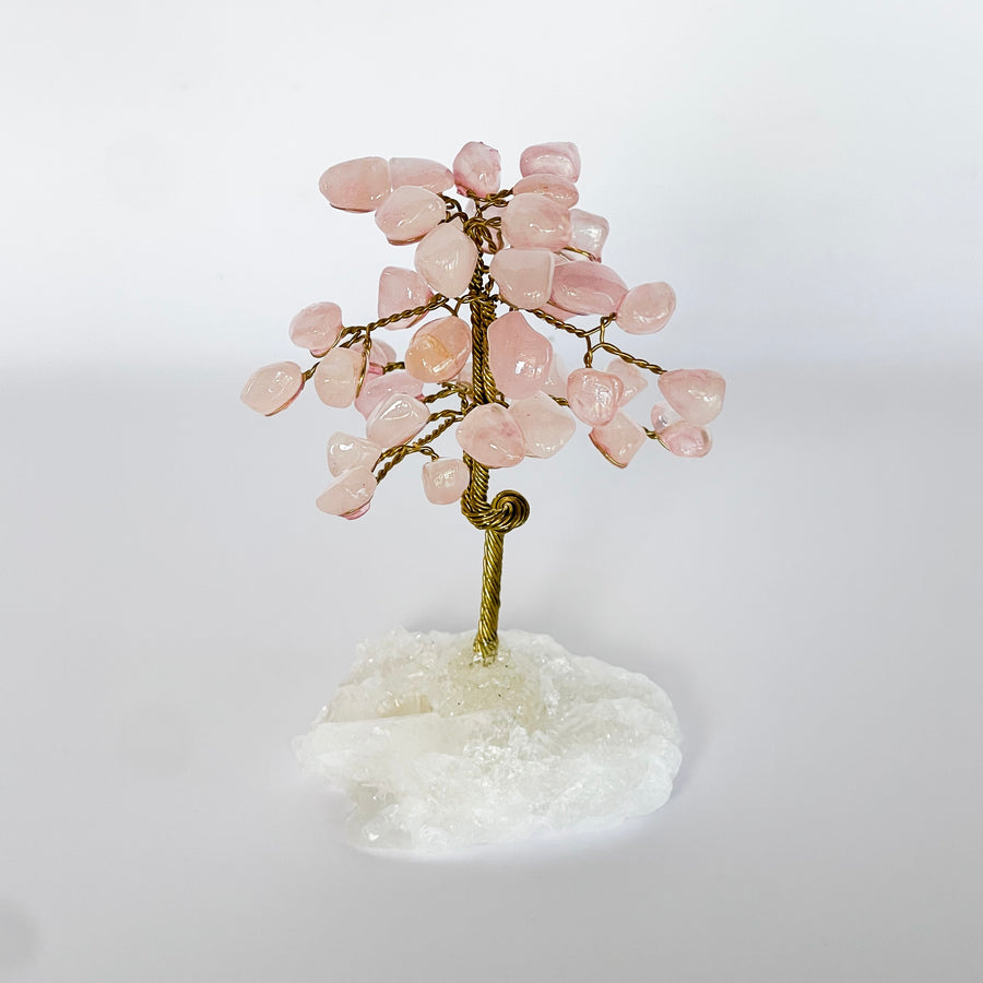 rose quartz tree on quartz base