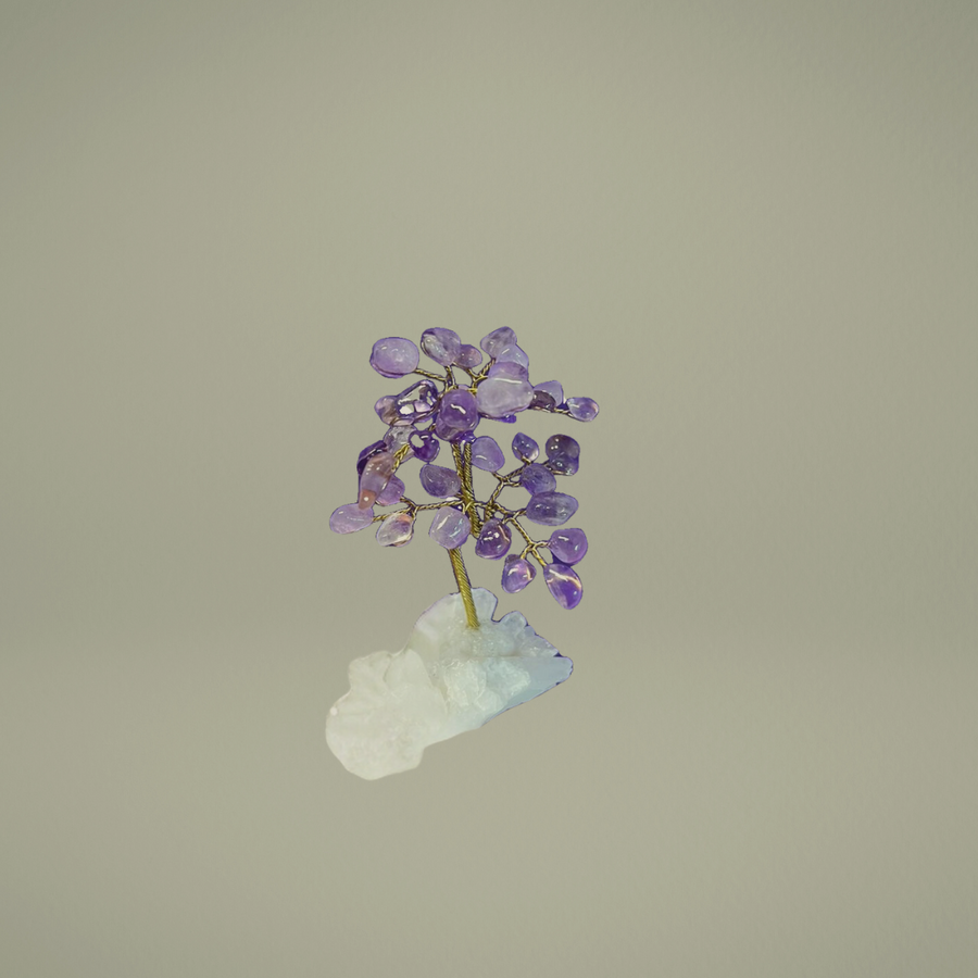 amethyst tree on quartz base